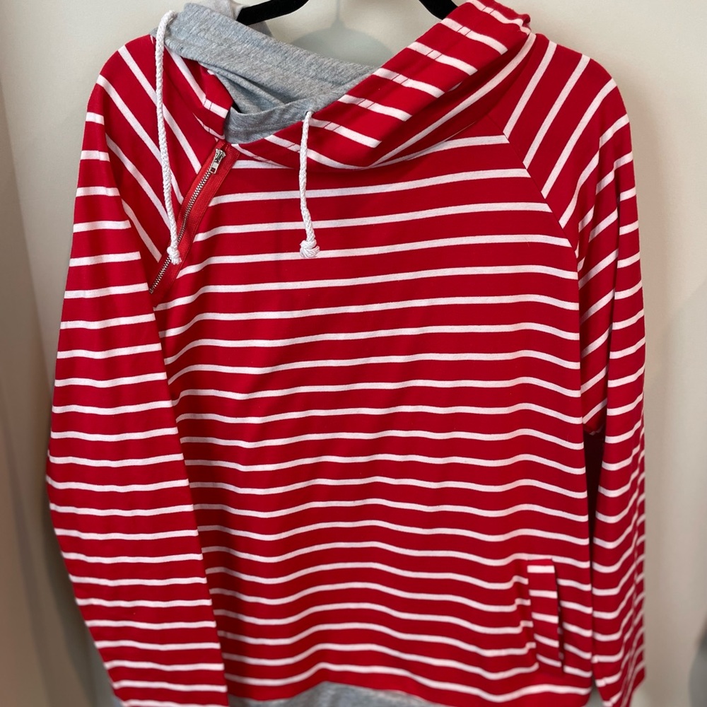 Red and white boutique hooded sweatshirt